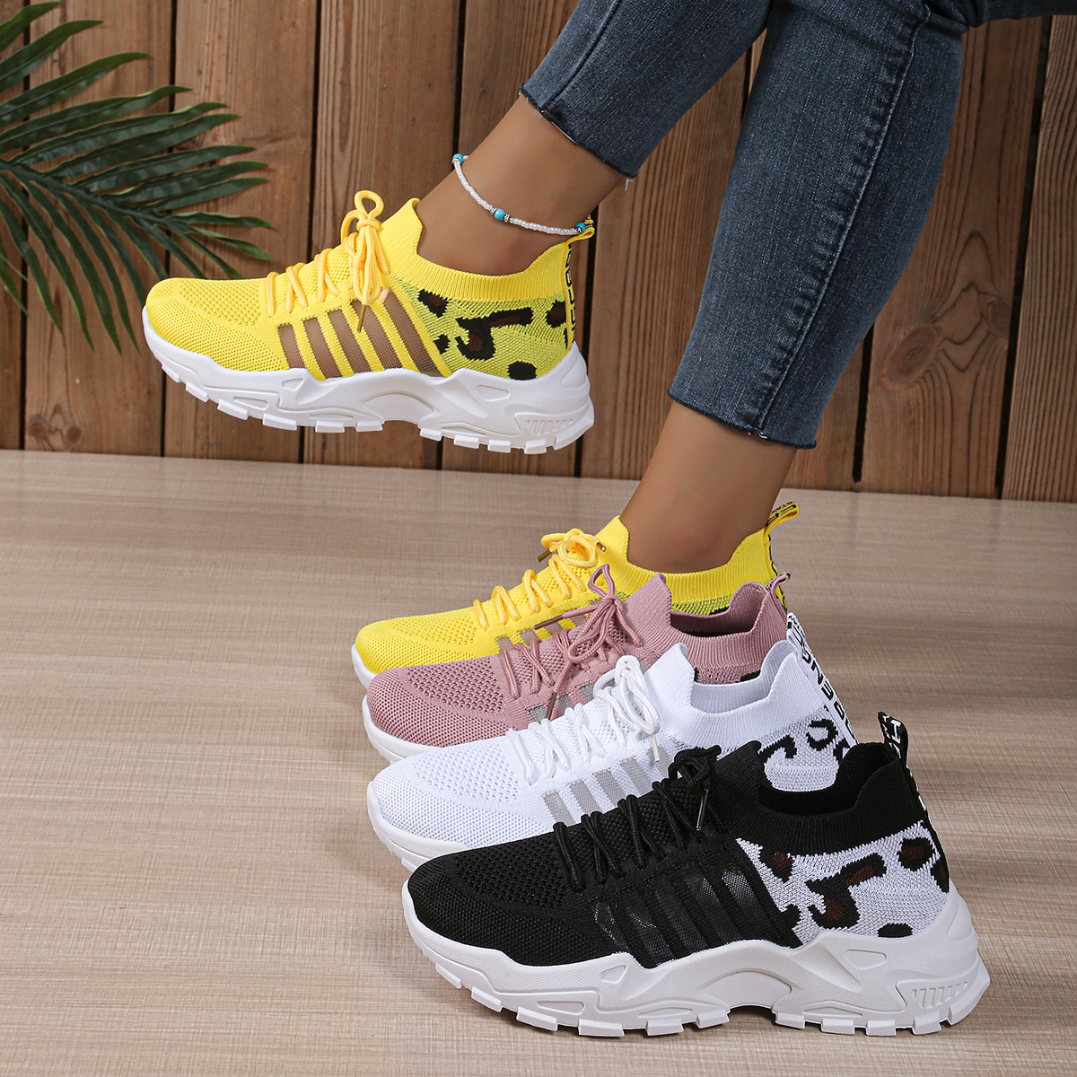 Sewing Cloth - Leopard Print Knit Women's Sneakers Breathable